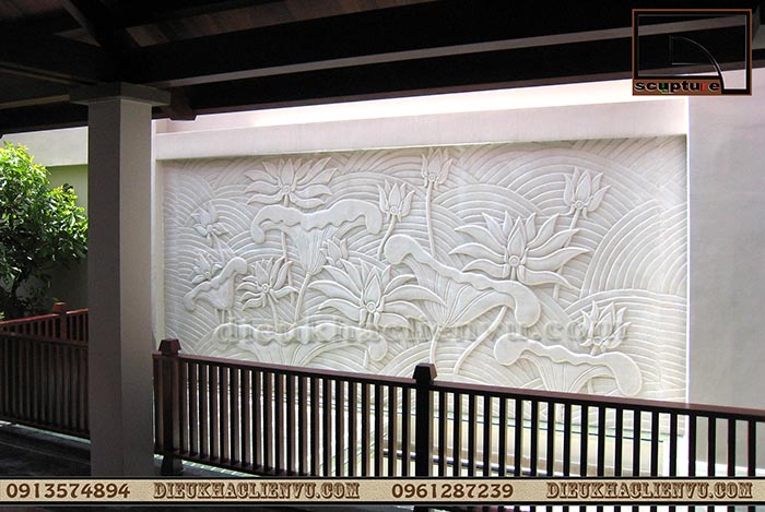 Tranh phù điêu hoa sen đẹp, phù điêu hoa lá